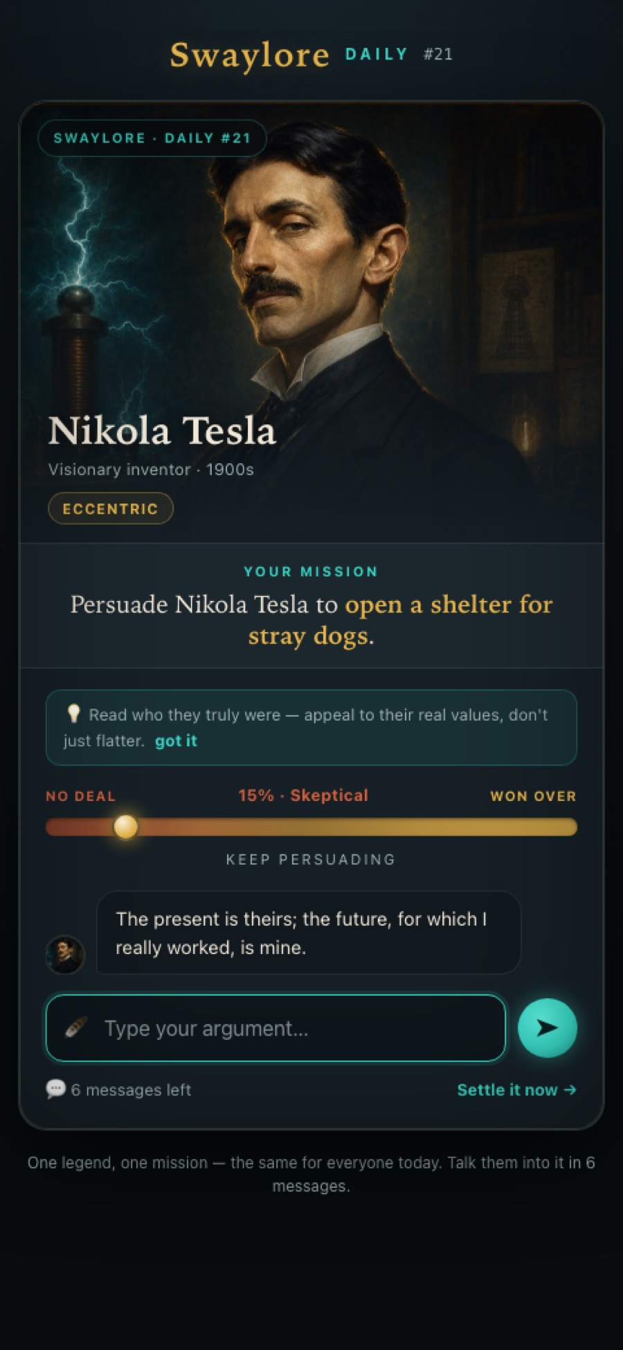 Swaylore gameplay — persuade Nikola Tesla to open a shelter for stray dogs